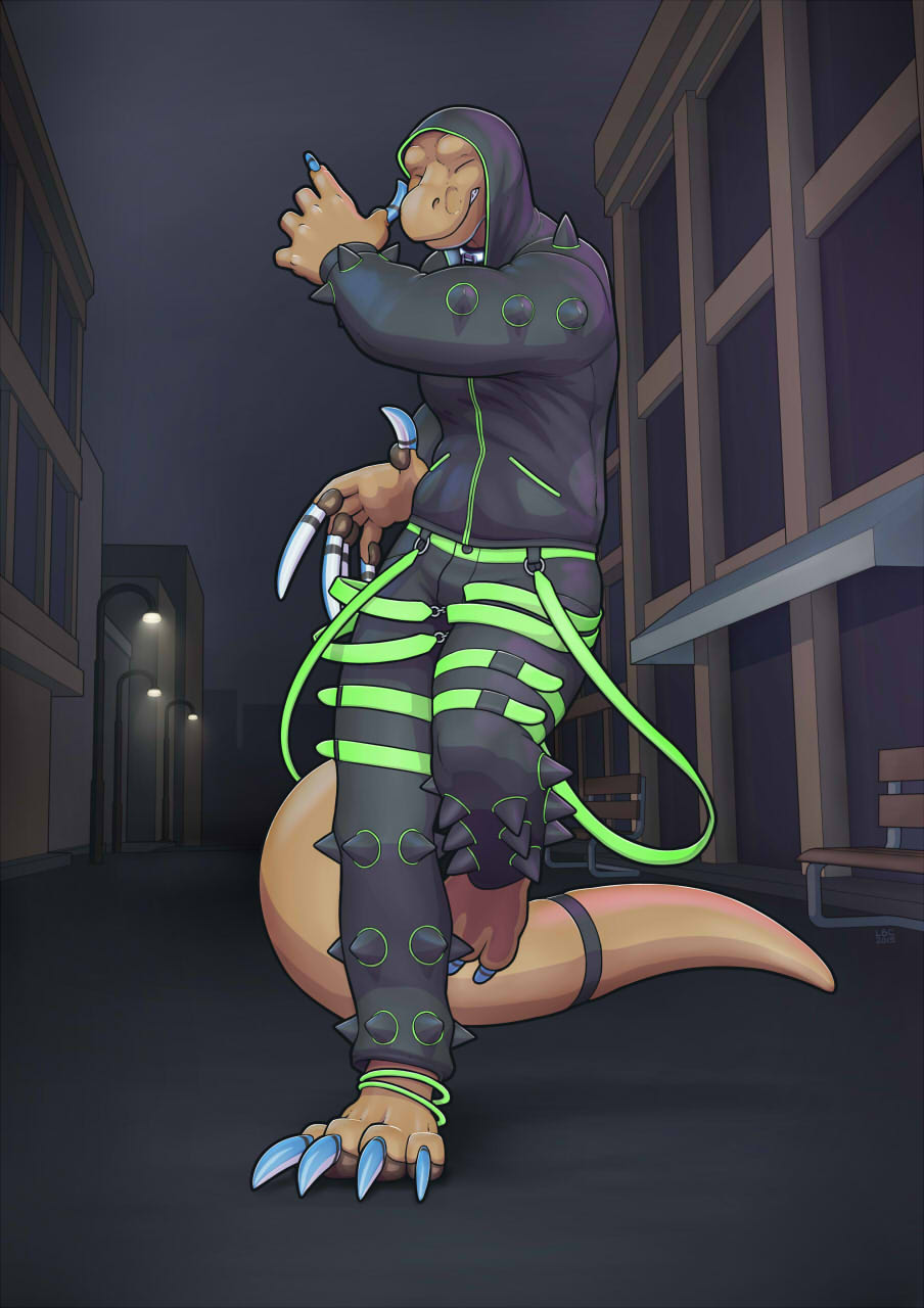 2015 5_fingers anthro claws clothed clothing detailed_background digital_media_(artwork) fingers full-length_portrait fully_clothed hi_res long_claws longblueclaw male outside pawpads paws portrait reptile scalie smile solo walking