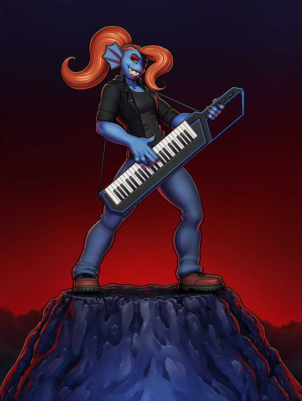 2016 blue_body blue_skin bottomwear breasts clothed clothing denim denim_clothing digital_media_(artwork) female full-length_portrait hair hi_res humanoid jeans longblueclaw outside pants playing_music portrait red_hair sharp_teeth simple_background smile solo standing teeth undertale_(series) undyne