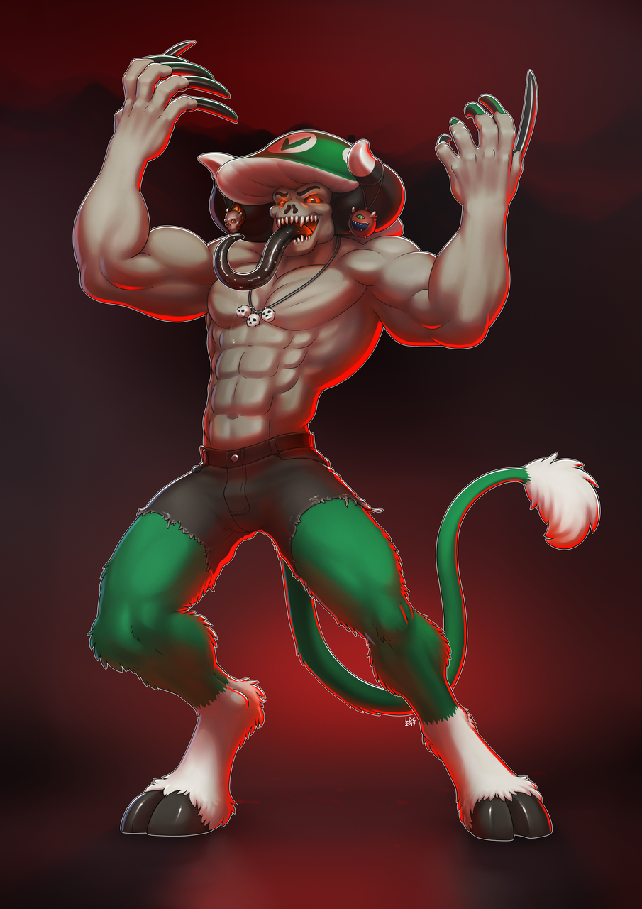 2017 bottomwear claws clothed clothing digital_media_(artwork) doom_(series) full-length_portrait fur green_body green_fur grey_body hi_res hooves humanoid id_software long_claws long_tongue longblueclaw male muscular muscular_humanoid muscular_male open_mouth portrait pose red_eyes shorts simple_background solo teeth tongue tongue_out topless video_games