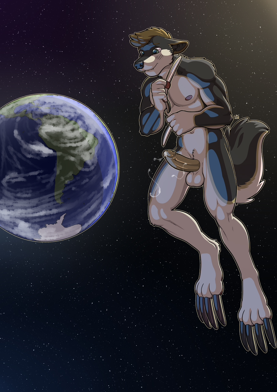 2016 5_fingers anthro balls biped black_body black_fur blush brown_hair claws detailed_background digital_media_(artwork) earth erection fingers floating fur genitals giga hair hi_res long_claws longblueclaw macro male nipples nude pawpads paws penis planet solo space white_body white_fur