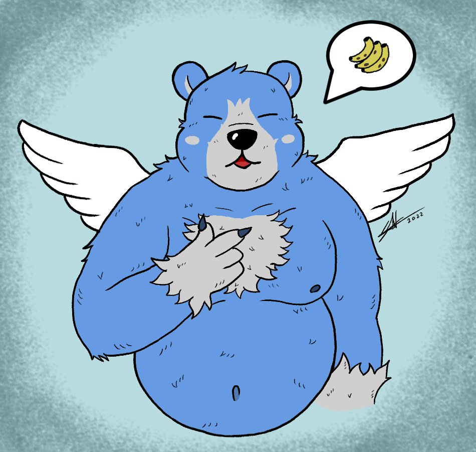 2022 anthro belly big_belly blue_body eyes_closed humanoid_hands male mammal moobs moosh navel nipples oracle_of_ages oracle_of_seasons overweight overweight_male solo sweetpand4 ursid wings