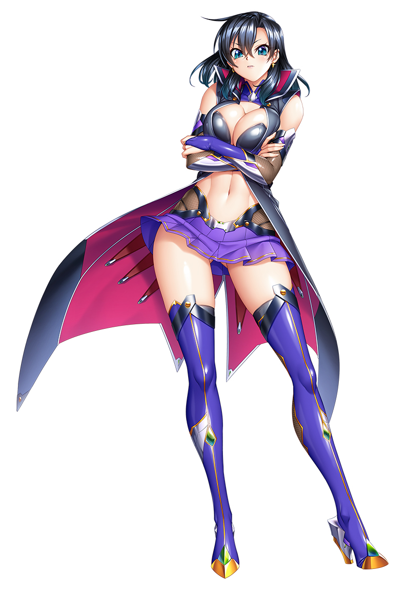 1girl aqua_eyes ass_visible_through_thighs bare_shoulders black_hair boots breast_squeeze breasts bridal_gauntlets cape cleavage coattails commentary contrapposto cross cross_earrings crossed_arms earrings eyebrows_visible_through_hair forehead frilled_skirt frills full_body fuuma_tokiko hair_between_eyes high_heel_boots high_heels jewelry kagami_hirotaka legs_apart long_hair looking_at_viewer navel official_alternate_costume official_art parted_lips purple_legwear purple_skirt simple_background skirt solo standing taimanin_(series) taimanin_rpgx thigh_boots thighs v-shaped_eyebrows white_background