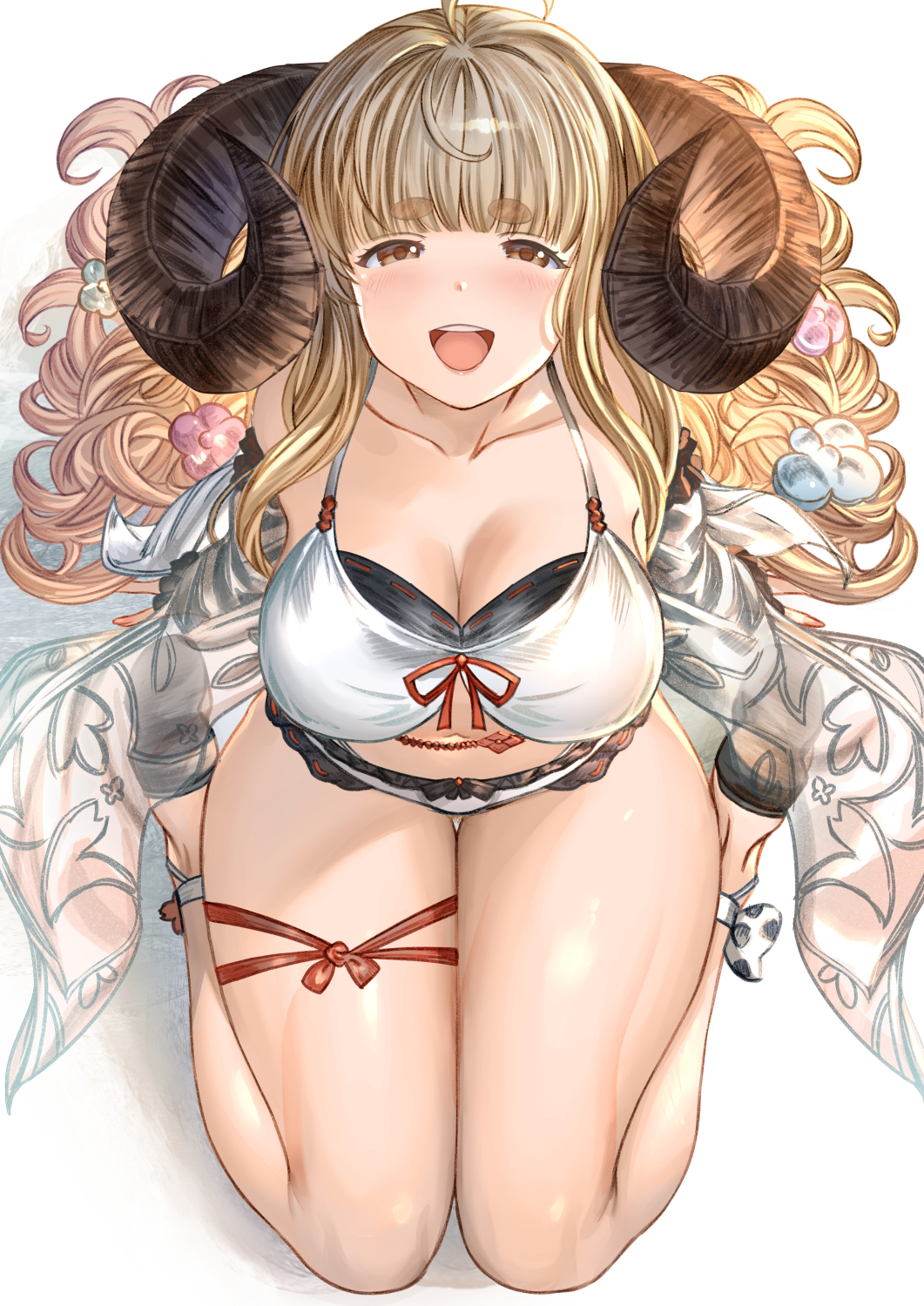 1girl :d aldehyde anila_(granblue_fantasy) blonde_hair breasts brown_eyes brown_horns cleavage collarbone curled_horns draph eyebrows_visible_through_hair from_above granblue_fantasy highres horns large_breasts long_hair looking_at_viewer simple_background sitting smile solo thick_eyebrows thighs wariza white_background