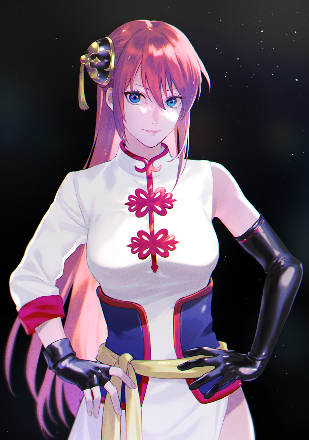 1girl asymmetrical_sleeves belt black_background black_gloves blue_eyes breasts china_dress chinese_clothes cma_cmakuma dress fingerless_gloves gintama gloves hair_between_eyes hair_ornament hands_on_hips highres kagura_(gintama) long_hair medium_breasts pink_hair side_slit smile solo traditional_clothes traditional_dress upper_body white_dress