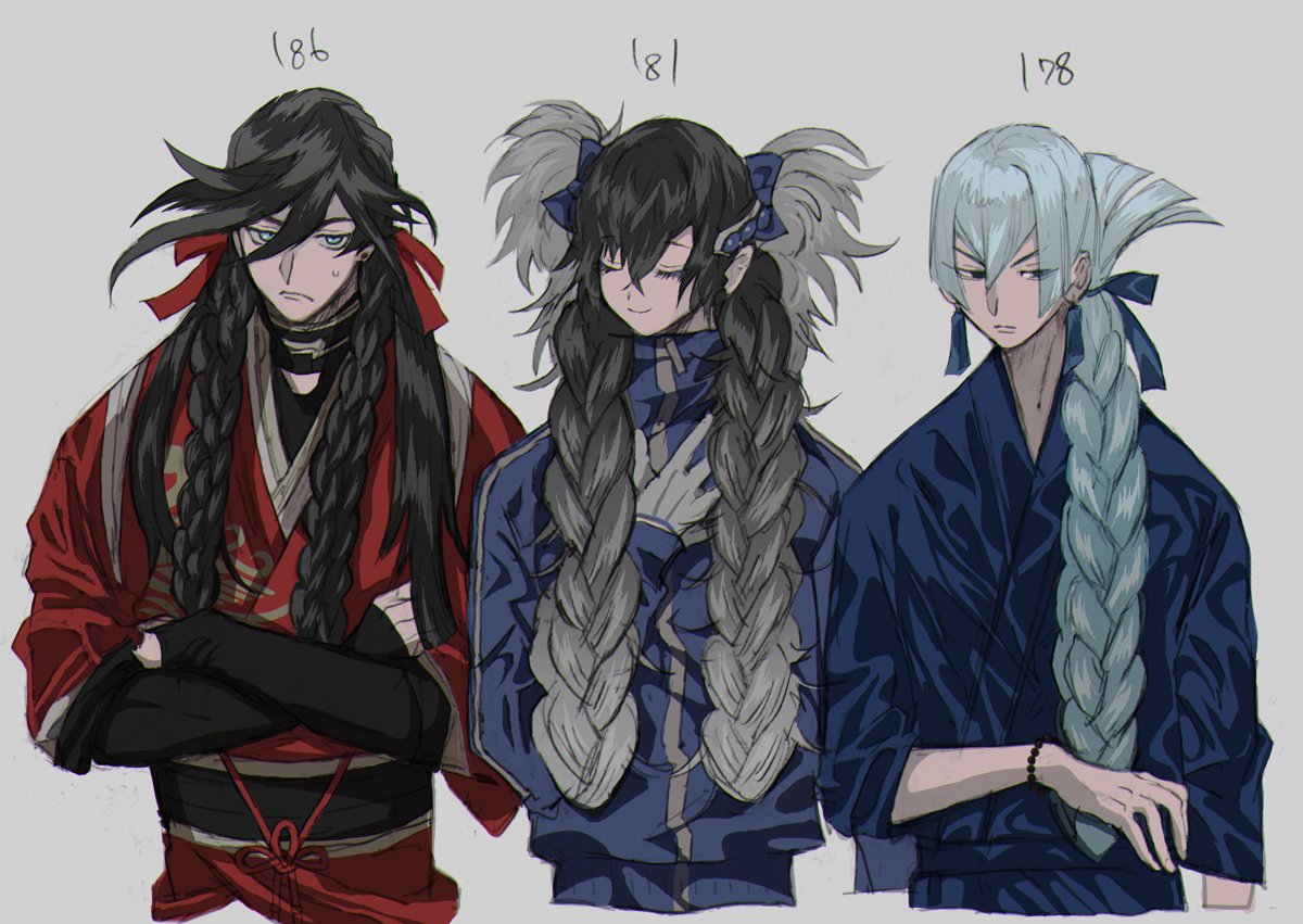 3boys alternate_hairstyle aqua_hair bead_bracelet beads black_hair blue_bow blue_eyes blue_hair blue_jacket blue_kimono blue_ribbon bow bracelet braid closed_eyes crossed_arms earrings facing_viewer folded_ponytail frown gloves gradient_hair grey_background grey_gloves grey_hair hair_between_eyes hair_bow hair_over_shoulder hair_ribbon hand_on_own_chest height izumi-no-kami_kanesada jacket japanese_clothes jewelry juzumaru_tsunetsugu kimono kousetsu_samonji kyuu_(high) lineup long_hair long_sleeves looking_at_viewer looking_away male_focus multicolored_hair multiple_boys obi red_kimono red_ribbon ribbon sash side-by-side sideways_glance single_braid sleeves_past_wrists smile tassel tassel_earrings tasuki touken_ranbu twin_braids two_side_up undershirt upper_body very_long_hair