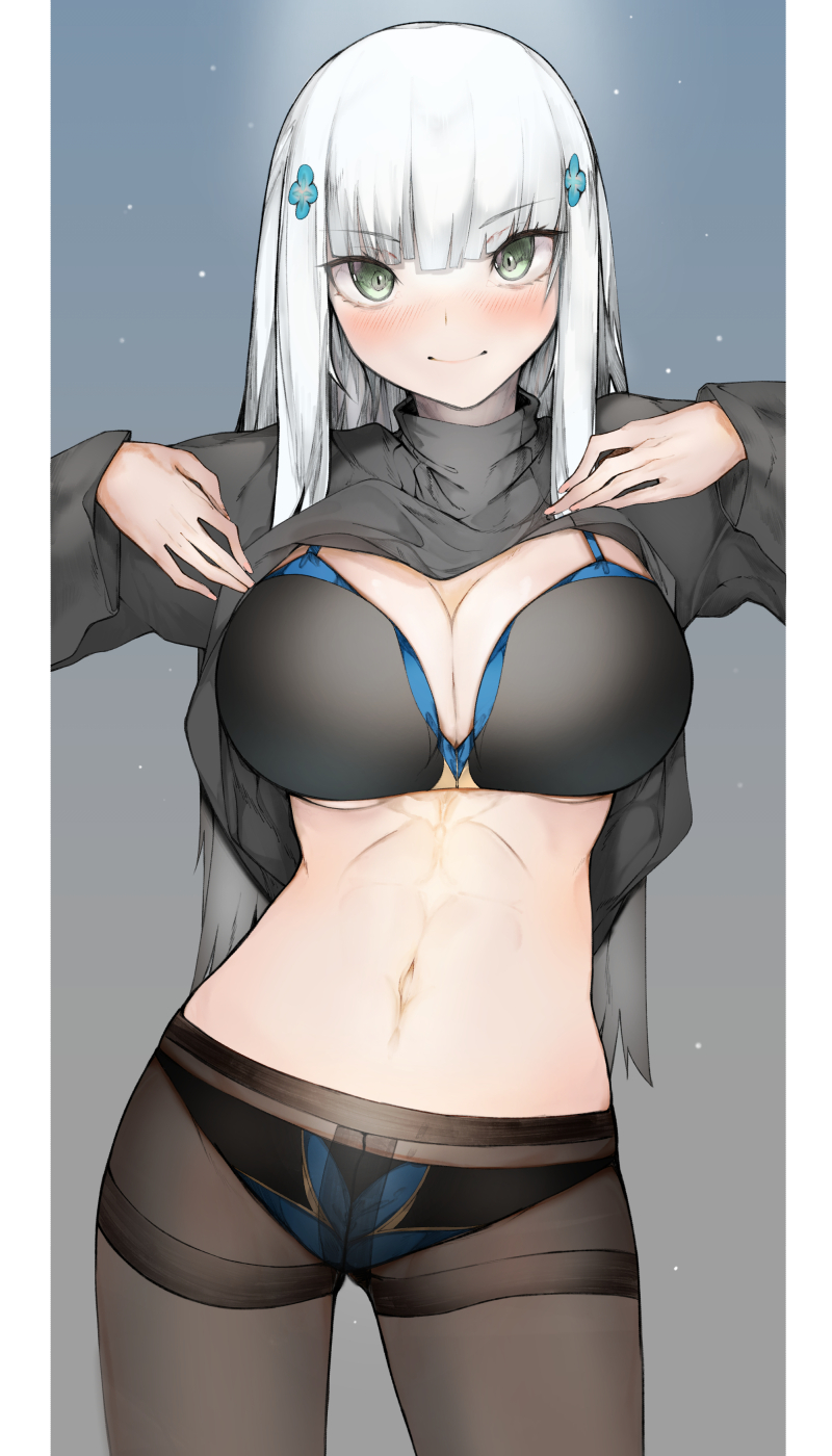 1girl black_bra black_panties blush bra breasts brown_legwear clothes_lift commentary_request cowboy_shot ekuesu eyebrows_visible_through_hair girls'_frontline green_eyes grey_background hair_ornament highres hk416_(girls'_frontline) large_breasts lifted_by_self long_sleeves looking_at_viewer navel nose_blush panties panties_under_pantyhose pantyhose shirt_lift smile solo standing thighband_pantyhose underwear white_hair