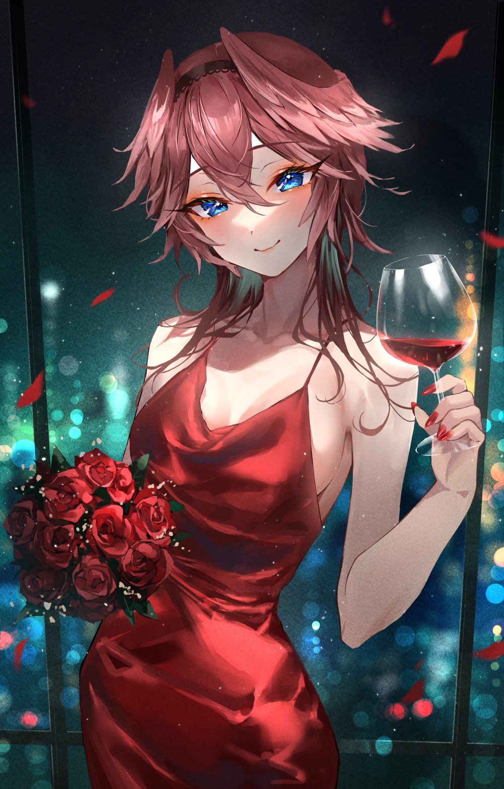 1girl alcohol bangs bare_arms blue_eyes blurry blurry_background bouquet breasts cleavage cowboy_shot cup dress drink drinking_glass eyebrows_visible_through_hair falling_petals flower hair_between_eyes head_tilt highres holding holding_bouquet holding_cup holding_drink holding_flower hololive indoors looking_at_viewer makeup medium_breasts misekiss nail_polish petals pink_hair red_dress red_flower red_nails red_rose red_wine rose sleeveless smile solo standing takane_lui virtual_youtuber window wine wine_glass