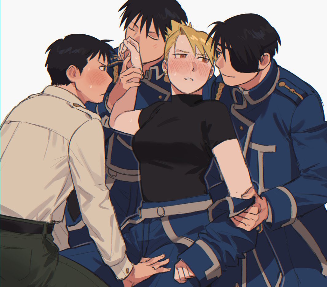 1girl amestris_military_uniform bangs black_hair black_shirt blonde_hair blue_jacket blush closed_eyes closed_mouth commentary conqueror_of_shambala couple earrings embarrassed english_commentary eye_contact eyepatch folded_ponytail fullmetal_alchemist gloves hand_on_another's_thigh hand_up hetero holding_another's_wrist jacket jewelry kiss kissing_hand long_sleeves looking_at_another looking_away looking_back multiple_persona off_shoulder profile raicchi_(raicchi96) red_eyes riza_hawkeye roy_mustang shirt short_hair short_sleeves simple_background smirk stud_earrings tight tight_shirt turtleneck undressing updo white_background white_gloves white_shirt younger