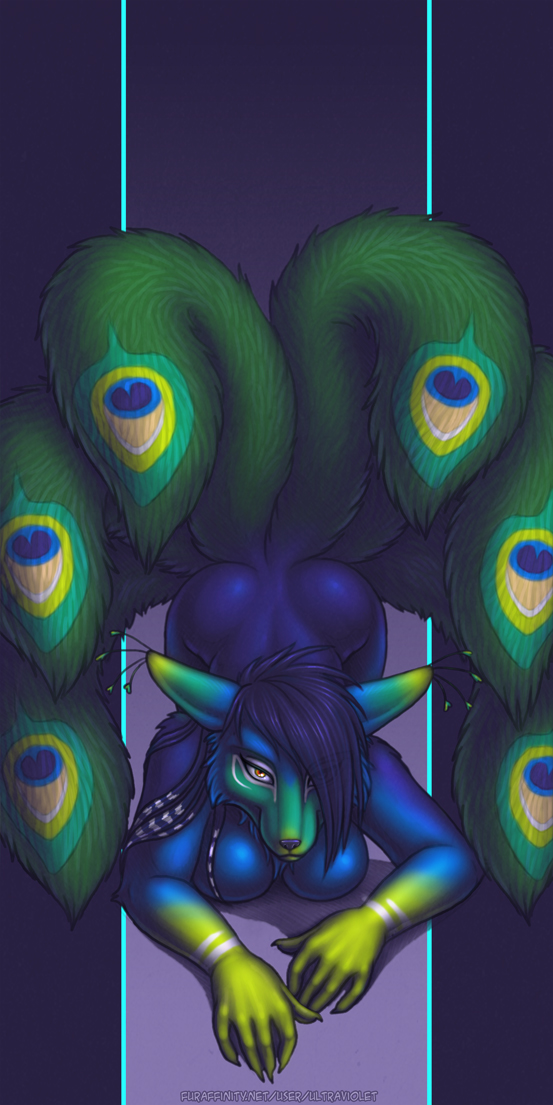 2014 5_fingers 6_tails anthro ass_up avian big_breasts biped bird blue_body breasts canid canine eye_through_hair female fingers fox front_view galliform hair hair_over_eye hybrid kuja_(peafox) looking_at_viewer mammal multi_tail nude on_ground one_eye_obstructed orange_eyes peafowl phasianid pose solo translucent translucent_hair ultraviolet