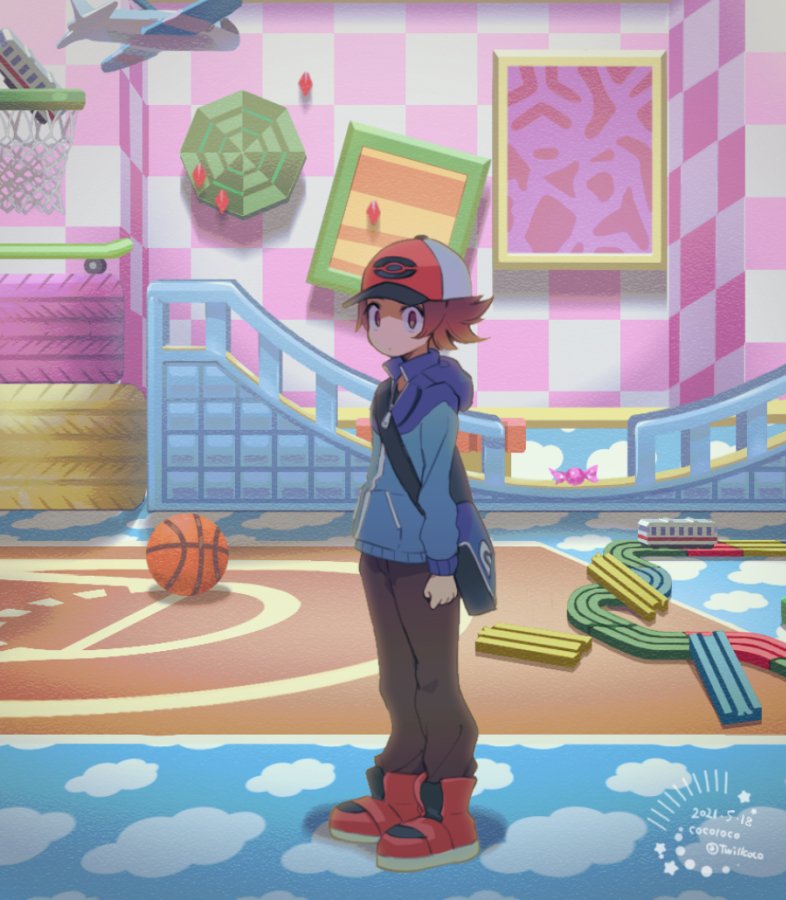 1boy artist_name bag basketball basketball_hoop blue_jacket brown_eyes brown_hair candy_wrapper cocoloco commentary_request dated full_body hat hilbert_(pokemon) indoors jacket long_sleeves male_focus messenger_bag poke_ball_print pokemon pokemon_(game) pokemon_bw red_footwear red_headwear shoes short_hair shoulder_bag standing star_(symbol) toy_train twitter_username