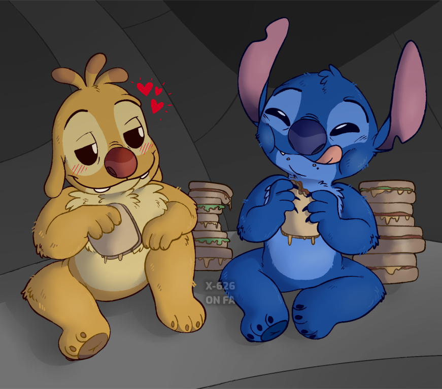 &lt;3 2022 4_toes alien ambiguous_gender antennae_(anatomy) blue_body blue_claws blue_eyes blue_fur blue_nose blue_pawpads blush blush_lines brown_eyes brown_pawpads buckteeth chest_tuft claws digital_drawing_(artwork) digital_media_(artwork) dipstick_antennae disney duo eating elbow_tuft experiment_(lilo_and_stitch) feet food fur hand_on_knee hand_on_leg happy head_tuft lilo_and_stitch looking_aside looking_at_another male_(lore) multicolored_antennae notched_ear pawpads pupils red_nose reuben_(lilo_and_stitch) sandwich_(food) shaded sitting smile spacegaylien stitch_(lilo_and_stitch) teeth toes tongue tongue_out tuft watermark white_pupils yellow_body yellow_fur