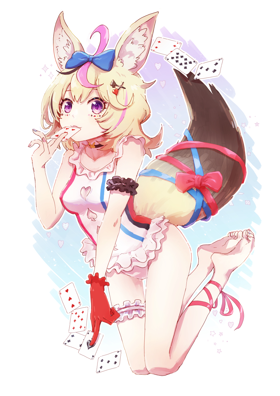 1girl :3 ace_of_spades ahoge animal_ear_fluff animal_ears arm_garter bangs bare_legs barefoot black_hair blonde_hair blue_bow blue_nails bow breasts card facial_mark fox_ears fox_girl fox_tail gloves hair_bow hair_ornament highres holding holding_card hololive leg_garter medium_breasts multicolored_hair multicolored_nails nail_polish omaru_polka one-piece_swimsuit pink_hair playing_card purple_eyes red_gloves red_nails red_ribbon ribbon solo spade_(shape) streaked_hair swimsuit tail tail_raised toenail_polish toenails virtual_youtuber white_swimsuit x_hair_ornament yami_ara