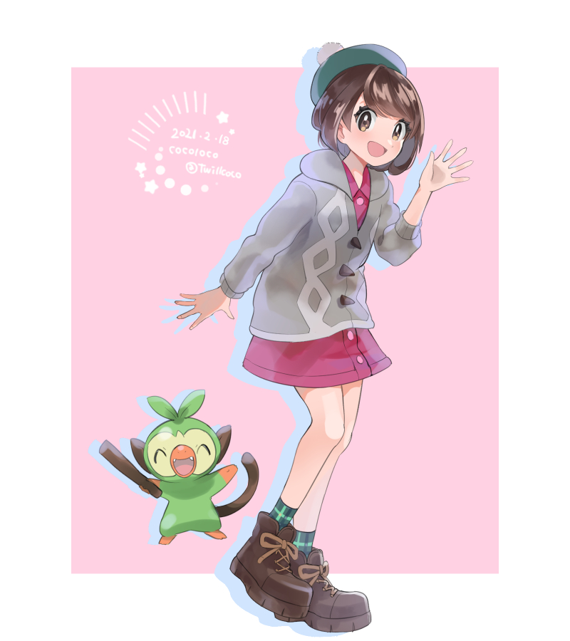1girl :d artist_name blush bob_cut boots brown_eyes brown_footwear brown_hair buttons cable_knit cardigan cocoloco collared_dress commentary_request dated dress eyelashes full_body gloria_(pokemon) green_headwear green_legwear grey_cardigan grookey hand_up hat hooded_cardigan looking_at_viewer open_mouth pink_dress plaid plaid_legwear pokemon pokemon_(creature) pokemon_(game) pokemon_swsh short_hair smile socks tam_o'_shanter twitter_username