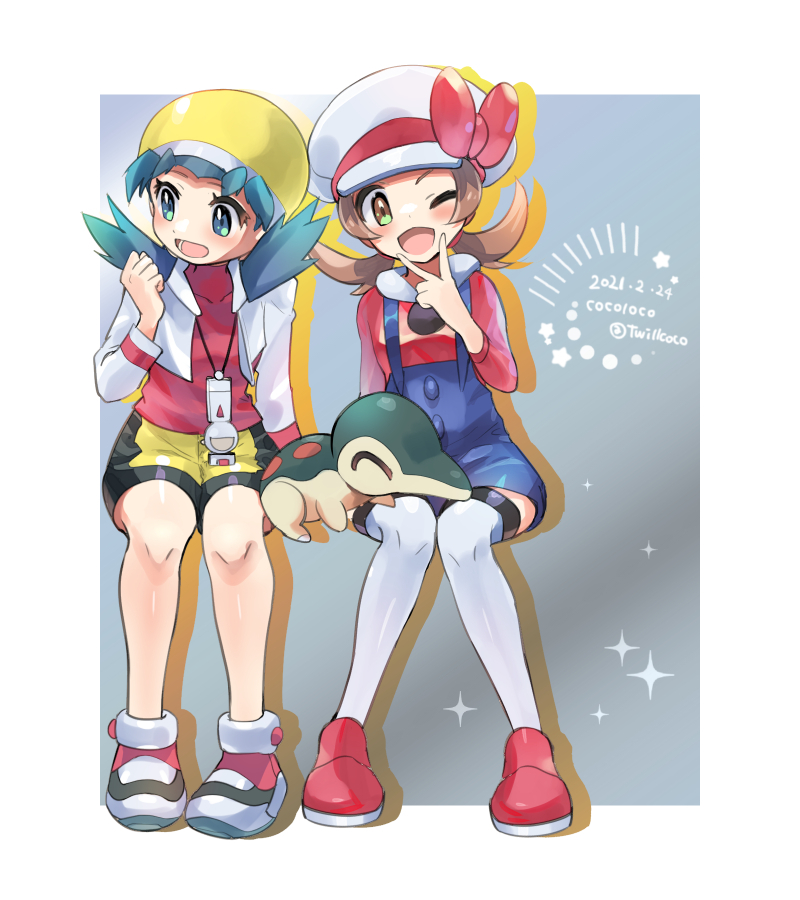 2girls artist_name blue_overalls border bow brown_eyes brown_hair cabbie_hat cocoloco commentary_request covered_collarbone cropped_jacket cyndaquil dated eyelashes green_eyes green_hair hat hat_bow invisible_chair jacket knees kris_(pokemon) long_hair lower_teeth lyra_(pokemon) multiple_girls open_mouth overalls pokemon pokemon_(creature) pokemon_(game) pokemon_gsc pokemon_hgss red_bow red_footwear red_shirt shiny shiny_skin shirt shoes sitting sparkle star_(symbol) teeth thighhighs tongue twintails twitter_username white_border white_headwear white_jacket white_legwear yellow_headwear