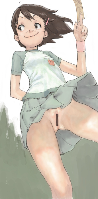 bad_id bad_pixiv_id bar_censor censored dennou_coil flat_chest goggles hashimoto_fumie no_panties pon pussy raglan_sleeves skirt smile solo upskirt wind wind_lift wristband