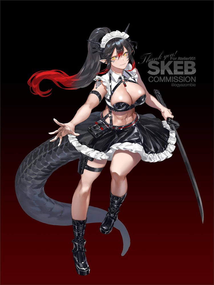 1girl abs armband belt belt_pouch black_footwear black_hair black_horns black_legwear black_skirt black_tail closed_mouth commission dragon_girl dragon_horns dragon_tail frilled_skirt frills gradient gradient_background gun hair_between_eyes holding holding_sword holding_weapon holster holstered_weapon horns katana long_hair maid_headdress multicolored_hair navel o-ring ohayosayonara original pointy_ears pouch red_hair scales skeb_commission skindentation skirt slit_pupils smile solo sword tail thank_you thigh_strap toned twitter_username weapon yellow_eyes
