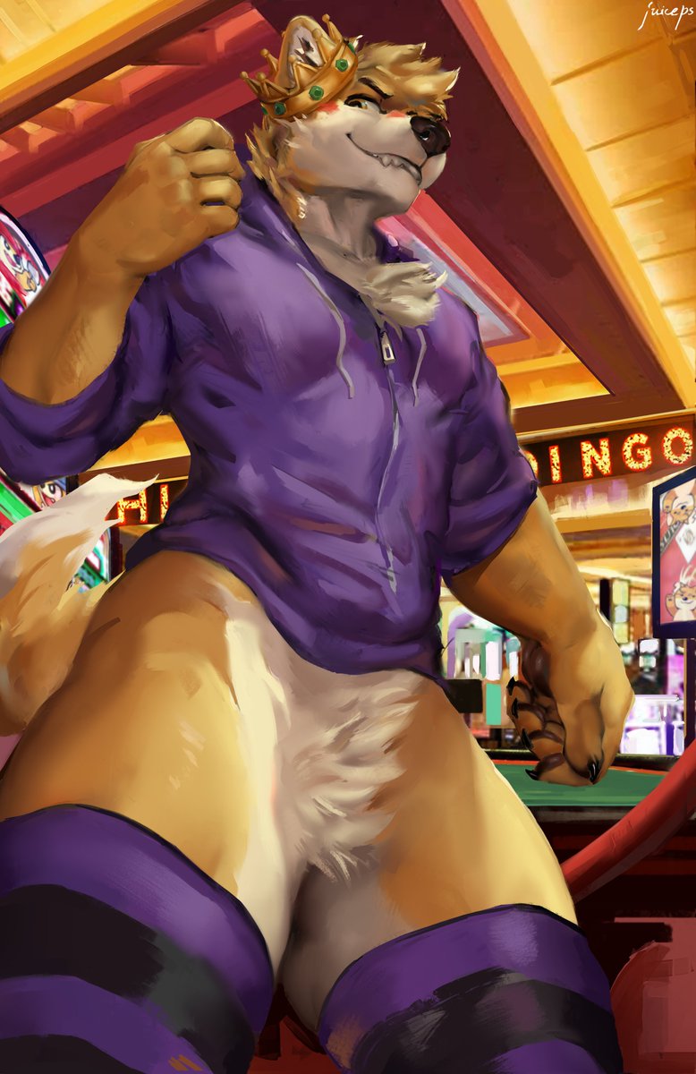 2022 anthro bite biting_lip biting_own_lip bottomless canid canine canis casino claws clothed clothing crown dingo eyebrows fur hair hi_res hoodie inside juiceps legwear male mammal self_bite signature smile solo standing streamer teeth thigh_highs topwear tuft whiskey_(whiskeyding0)