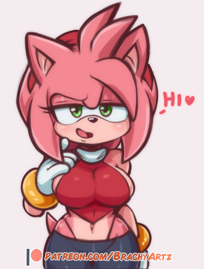 2022 amy_rose anthro bedroom_eyes big_breasts bottomwear brachyzoid breasts clothing curvy_figure eulipotyphlan female gloves green_eyes hair handwear hedgehog hourglass_figure looking_at_viewer mammal midriff narrowed_eyes navel pants pink_body pink_hair seductive sega shirt simple_background solo sonic_the_hedgehog_(series) topwear whale_tail white_background wide_hips