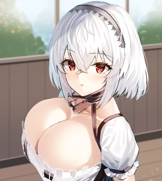 1girl azur_lane bangs breasts commentary_request eyebrows_visible_through_hair grey_hairband hair_between_eyes hairband large_breasts looking_at_viewer puffy_short_sleeves puffy_sleeves red_eyes shirt short_hair short_sleeves sirius_(azur_lane) solo suminagashi upper_body white_hair white_shirt