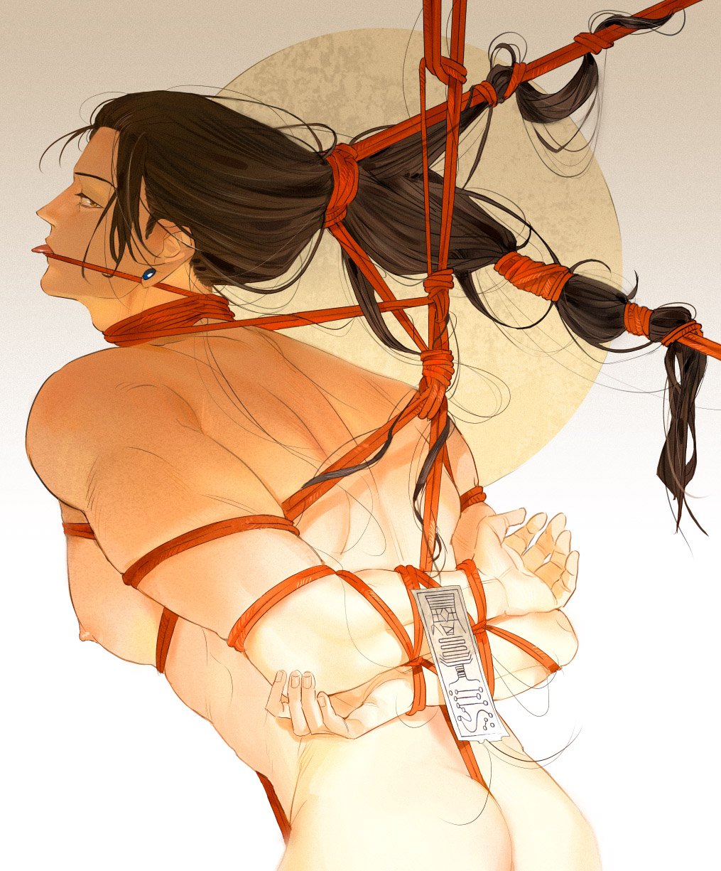 1boy a_ranshi arms_behind_back ass bdsm between_buttocks black_hair bondage bound bound_arms bound_torso ear_piercing from_behind gagged getou_suguru gradient gradient_background hair_pulled_back hair_strand highres jujutsu_kaisen leaning_forward long_hair looking_at_viewer male_focus messy_hair multi-tied_hair muscular muscular_male nipples piercing restrained shibari sideways_glance skindentation solo talisman tongue tongue_out upper_body white_background