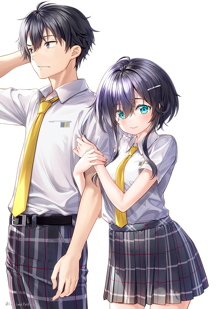 1boy 1girl arm_behind_head arm_hug arm_up bangs belt belt_buckle black_belt black_hair black_pants black_skirt blue_eyes blush breasts buckle closed_mouth collared_shirt commentary_request copyright_request eyebrows_visible_through_hair fujima_takuya hair_between_eyes hair_ornament hairclip long_hair looking_at_viewer medium_breasts neckerchief novel_illustration official_art pants plaid plaid_pants plaid_skirt pleated_skirt purple_eyes school_uniform shirt short_sleeves simple_background skirt smile white_background white_shirt yellow_neckerchief