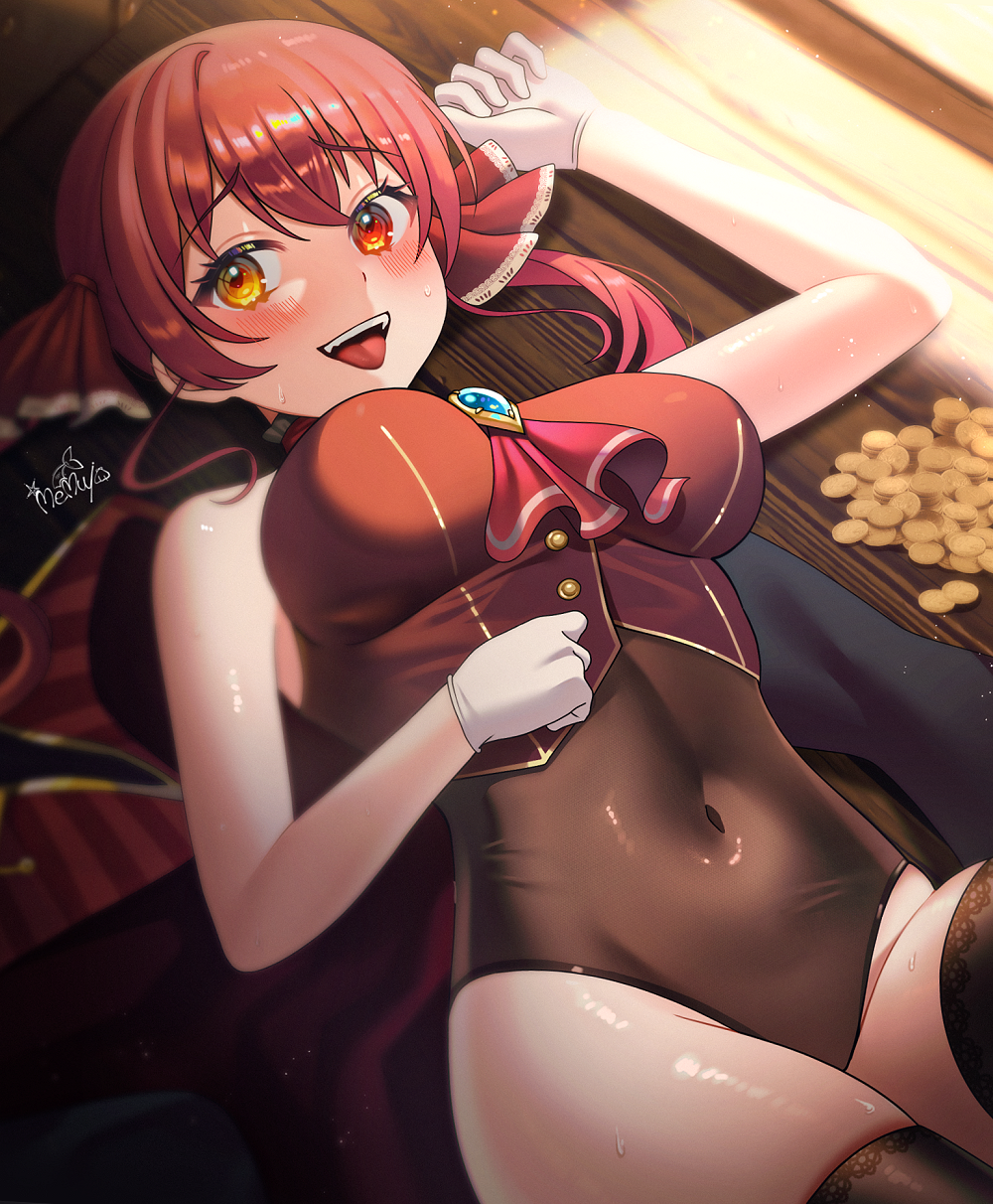 1girl :d ascot bangs bare_arms black_legwear black_leotard blush breasts brooch coin covered_navel cropped_vest eyebrows_visible_through_hair furrowed_brow gloves gold_coin gold_trim hair_ribbon heterochromia highres hololive houshou_marine jacket jacket_removed jewelry large_breasts leotard long_hair lying memu_0113 no_pants on_back on_floor open_mouth red_eyes red_hair red_ribbon red_vest ribbon skindentation smile solo sunlight sweat teeth thighhighs thighs tongue tongue_out twintails upper_teeth vest virtual_youtuber white_gloves wooden_floor yellow_eyes