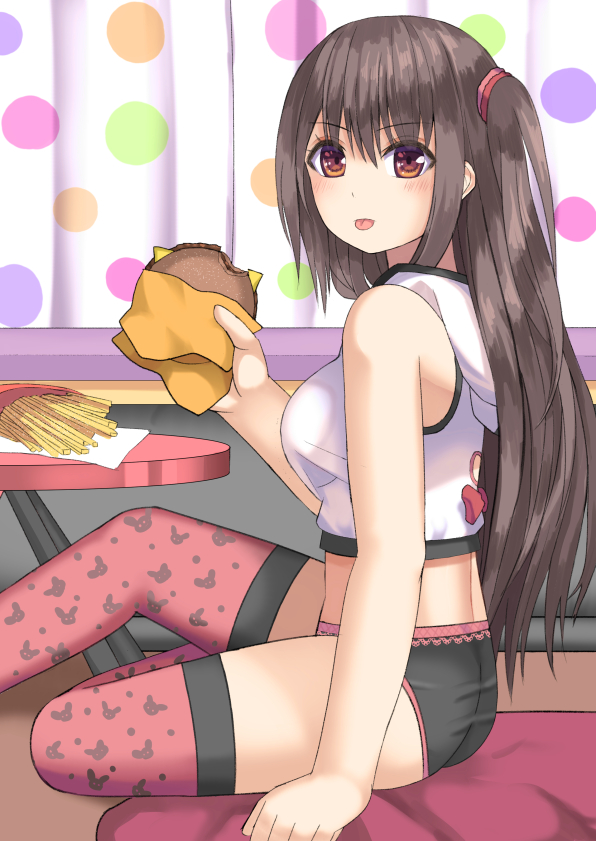 1girl ass bangs bare_arms bare_shoulders black_hair breasts brown_eyes burger closed_mouth commentary_request curtains eyebrows_visible_through_hair fast_food feet_out_of_frame food french_fries from_side hair_between_eyes holding holding_food hood hoodie indoors looking_at_viewer looking_to_the_side medium_breasts multicolored_polka_dots one_side_up original polka_dot print_legwear red_legwear sleeveless sleeveless_hoodie solo table thighhighs tongue tongue_out tukino_neru v-shaped_eyebrows white_hoodie