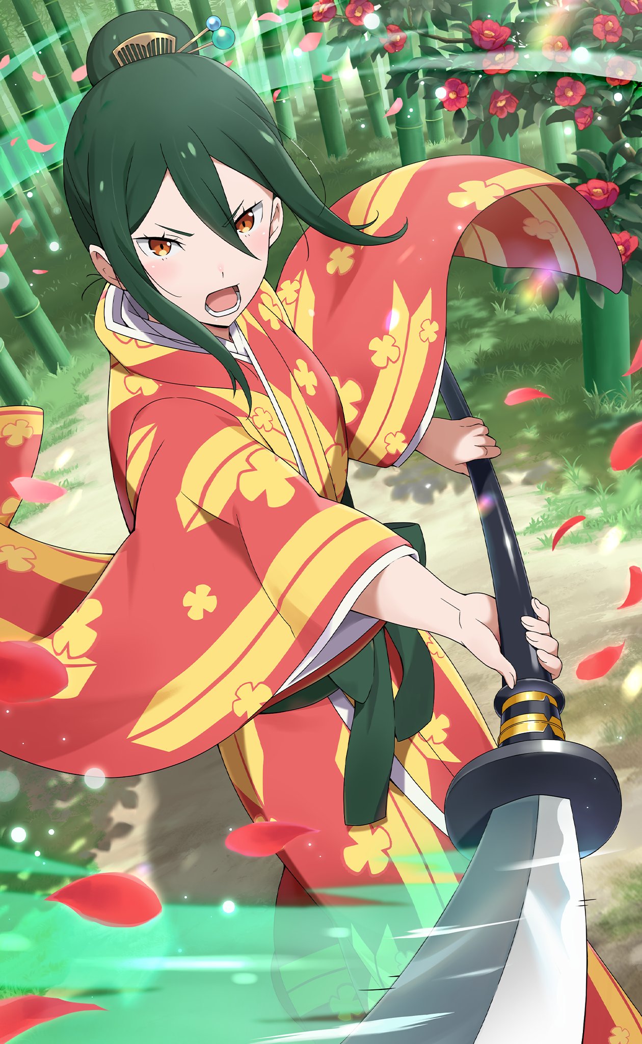 1girl alternate_costume bamboo bamboo_forest camellia crusch_karsten floral_print flower forest green_hair guan_dao hair_bun hair_ornament hair_stick highres holding holding_polearm holding_weapon japanese_clothes kimono long_hair long_sleeves looking_at_viewer nature official_art open_mouth outdoors petals polearm print_kimono re:zero_kara_hajimeru_isekai_seikatsu red_flower red_kimono weapon wide_sleeves yagasuri yellow_eyes