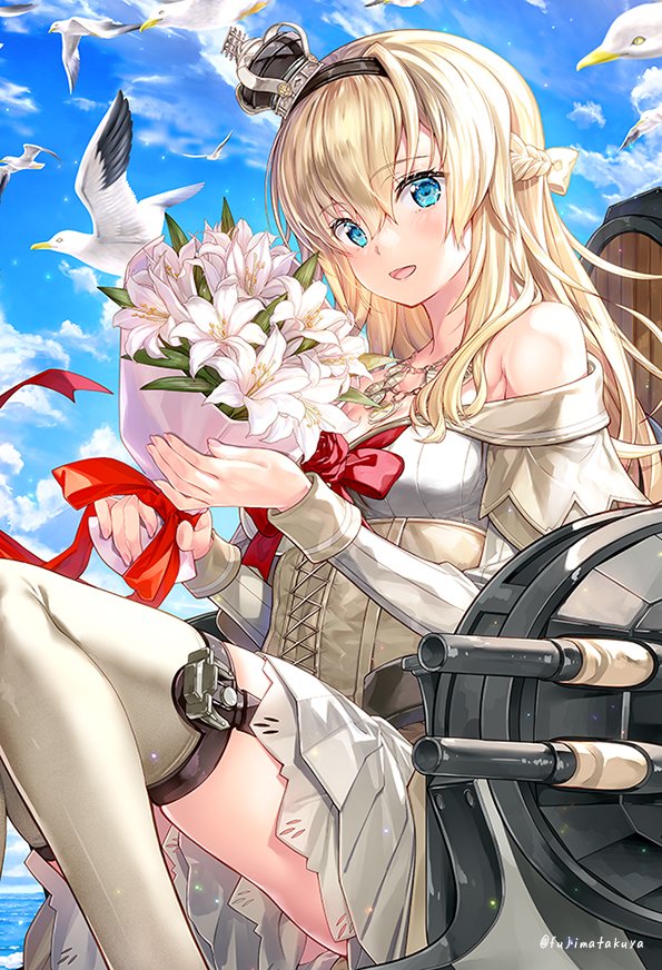 1girl bird black_hairband blonde_hair blue_eyes blue_sky bouquet braid breasts cannon cloud commentary_request corset crown day dress english_commentary engrish_commentary flower french_braid fujima_takuya garter_straps hairband holding holding_bouquet kantai_collection long_hair long_sleeves medium_breasts mini_crown mixed-language_commentary off-shoulder_dress off_shoulder outdoors red_flower red_rose rose seagull sky solo thighhighs turret warspite_(kancolle) white_dress white_flower white_legwear