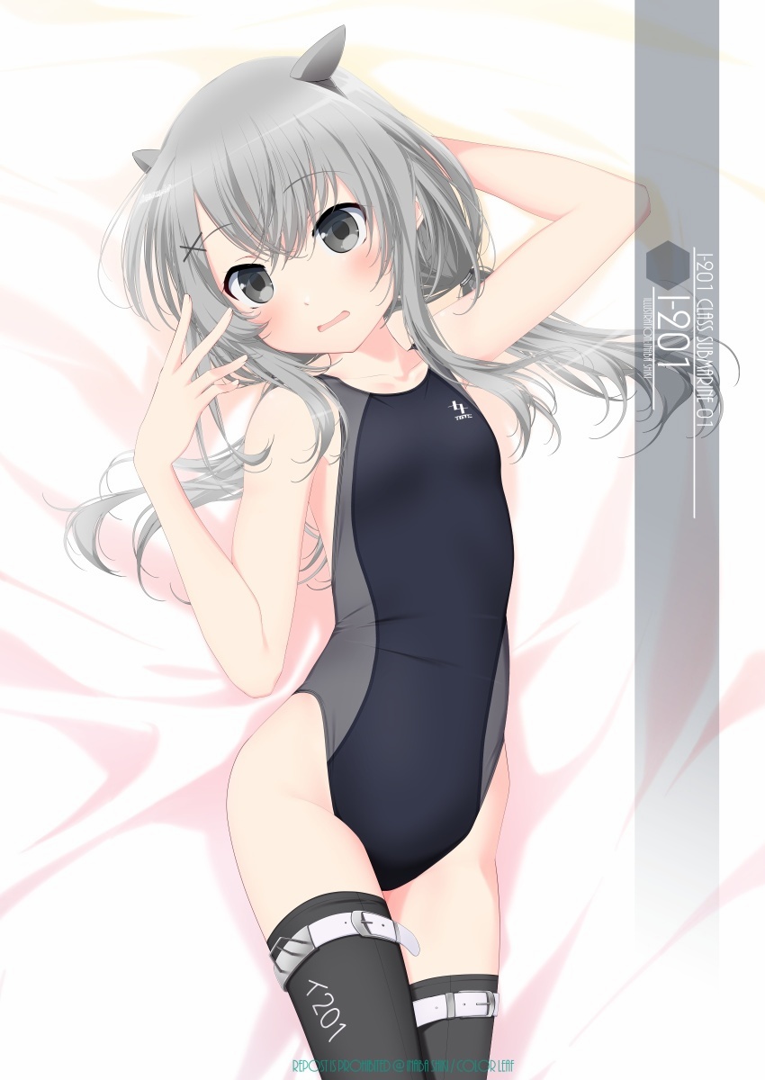 1girl alternate_costume black_legwear black_swimsuit breasts competition_swimsuit fake_horns grey_eyes grey_hair grey_swimsuit hair_ornament highleg highleg_swimsuit highres horned_headwear horns i-201_(kancolle) inaba_shiki kantai_collection long_hair lying multicolored_clothes multicolored_swimsuit on_back one-piece_swimsuit sidelocks small_breasts solo swimsuit thighhighs x_hair_ornament