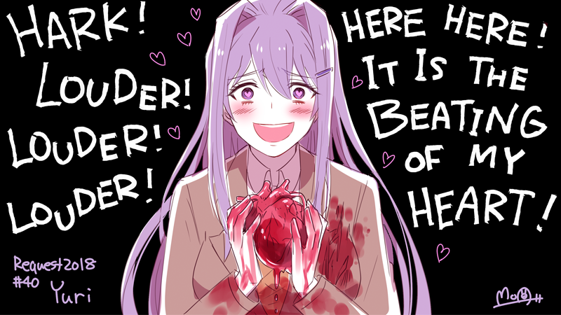 1girl blood blood_on_clothes blood_on_hands blood_splatter blush character_name crazy_eyes crazy_smile dated doki_doki_literature_club english_text hato_moa heart heart-shaped_pupils heart_(organ) literature looking_at_viewer purple_eyes purple_hair school_uniform shaded_face symbol-shaped_pupils yandere yuri_(doki_doki_literature_club)