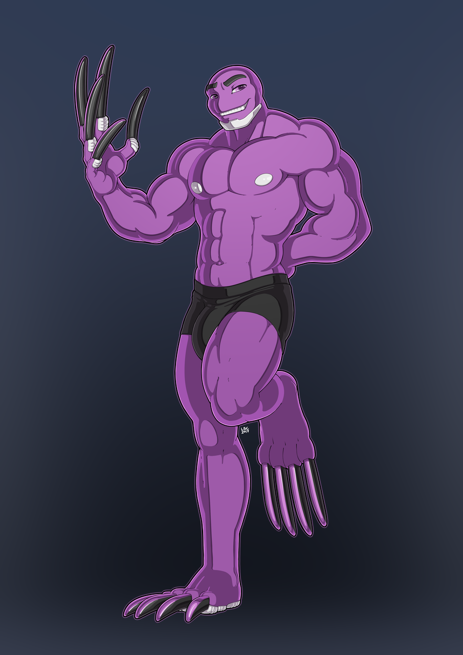 2017 5_fingers bulge claws clothed clothing digital_media_(artwork) eyebrows fingers hi_res humanoid humongous_entertainment long_claws longblueclaw male muscular muscular_humanoid muscular_male nipples pawpads paws purple_body putt-putt_(character) putt-putt_(series) simple_background smile solo standing teeth topless underwear underwear_only video_games