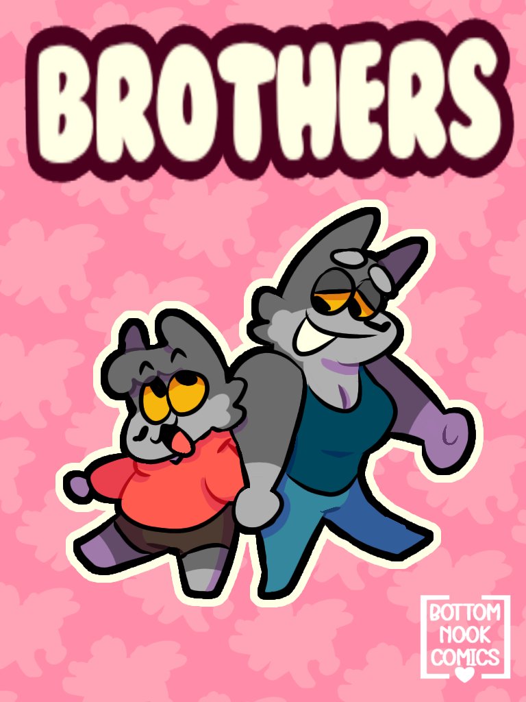 2022 anthro anukkyt bottomwear brother brothers canid canine canis clothed clothing comic cover cover_art cover_page duo english_text fur grey_body grey_fur half-closed_eyes hoodie larger_male looking_at_another looking_up male male/male mammal narrowed_eyes open_mouth pants pink_backpack sibling size_difference smaller_male text topwear yellow_eyes