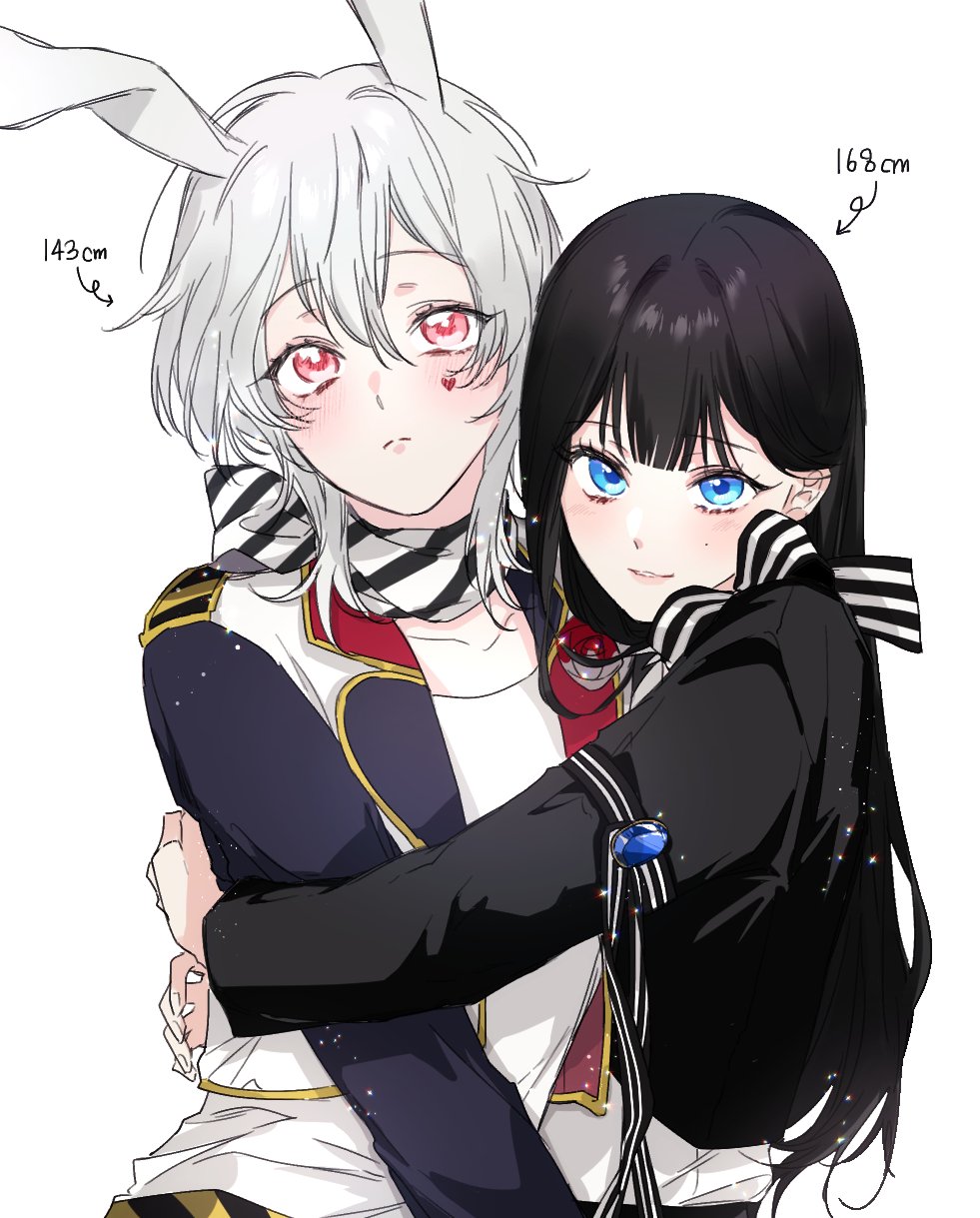 1girl a_(twst_kts) animal_ears arm_ribbon arrow_(symbol) bangs black_hair black_jacket blue_eyes blue_gemstone bow bowtie character_request cropped_jacket facial_mark gem grey_hair hair_behind_ear hair_between_eyes height highres hug jacket light_particles long_hair long_sleeves mole mole_under_eye open_clothes open_jacket outstretched_arms rabbit_ears red_eyes ribbon scarf shirt short_hair smile straight_hair striped striped_bow striped_bowtie striped_scarf twisted_wonderland upper_body white_background white_shirt yuu_(twisted_wonderland)