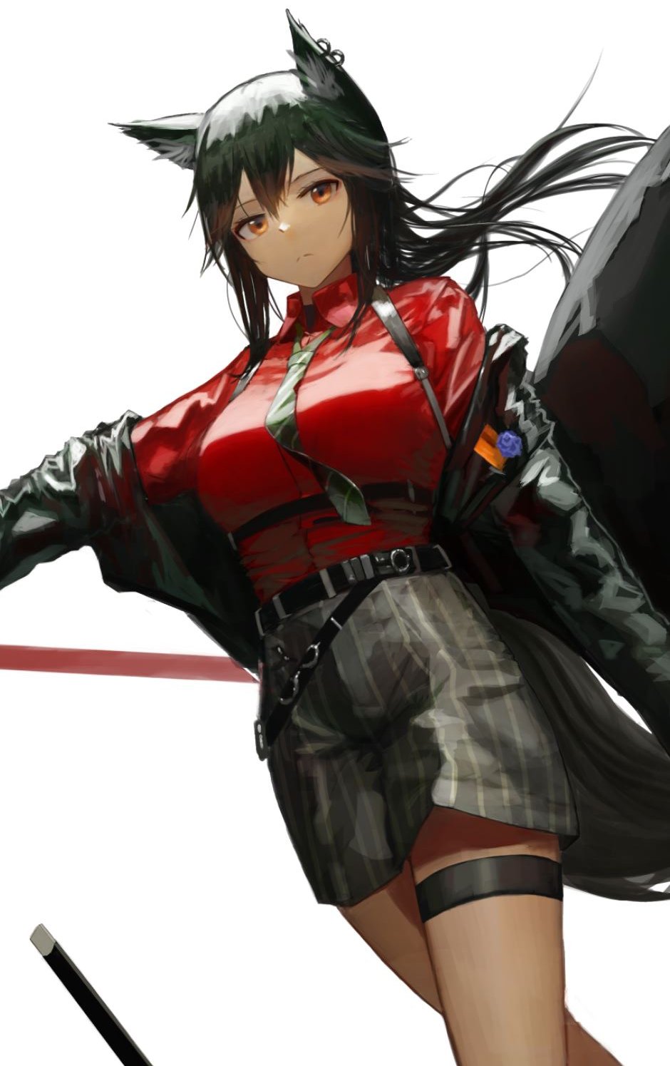 arknights bangs belt belt_buckle black_coat black_hair black_shorts breasts buckle closed_mouth coat collared_shirt dutch_angle ganet_p green_necktie high-waist_skirt highres large_breasts long_hair long_sleeves looking_at_viewer necktie off_shoulder open_clothes open_coat orange_eyes outstretched_arm red_shirt shirt shorts skirt speech_bubble striped striped_necktie striped_shorts tail texas_(arknights) texas_(willpower)_(arknights) thigh_strap underbust vertical-striped_shorts vertical_stripes walking wolf_girl wolf_tail