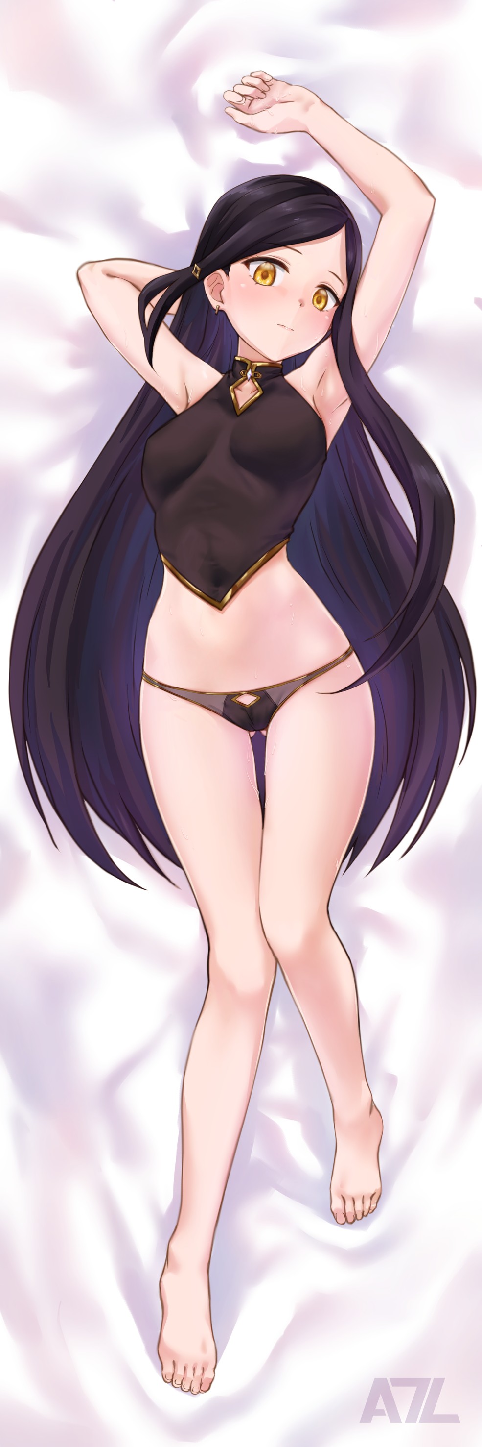 1girl a-plug absurdres bangs bare_arms bare_legs barefoot bed_sheet black_hair black_panties breasts dakimakura_(medium) from_above full_body hair_ornament highres indie_virtual_youtuber lingerie long_hair looking_at_viewer lying midriff on_back panties parted_bangs small_breasts solo stomach underwear very_long_hair virtual_youtuber yellow_eyes