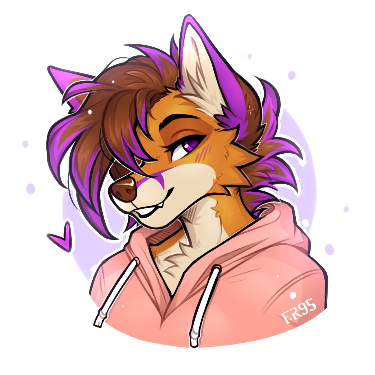 2022 brown_hair canid canine clothed clothing digital_media_(artwork) f-r95 female fox hair hi_res hoodie mammal pink_clothing pink_hoodie pink_topwear purple_eyes smile topwear