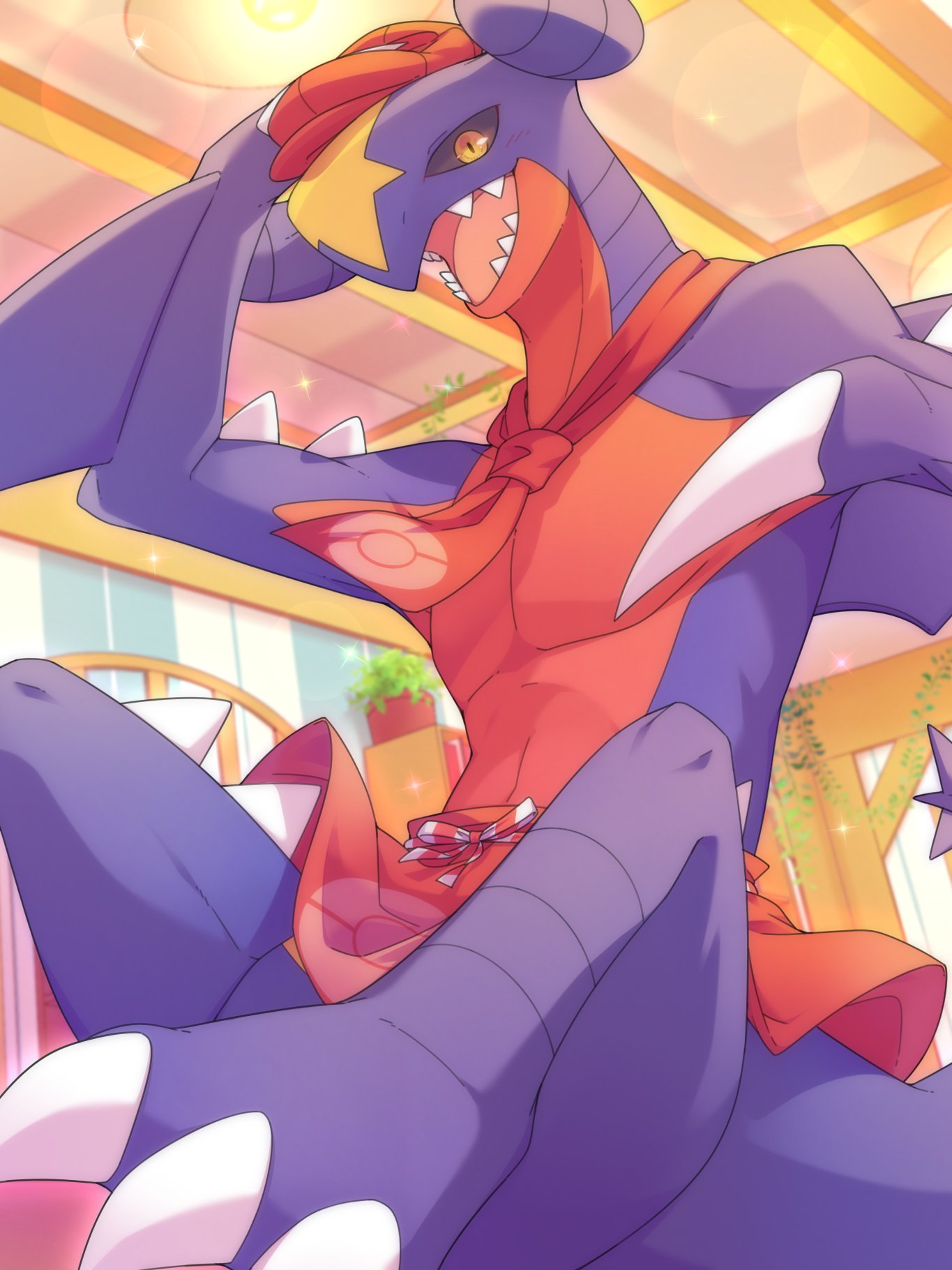 blue_body claws clothed clothing d.summer dragon fin garchomp hat headgear headwear hi_res holding_clothing holding_hat holding_headgear holding_headwear holding_object legs_in_air looking_at_viewer male nintendo pecs pok&eacute;mon pok&eacute;mon_(species) pokeball_print pokemon_cafe_mix red_body scalie scarf semi-anthro sharp_teeth shirtless solo spikes teeth video_games yellow_eyes