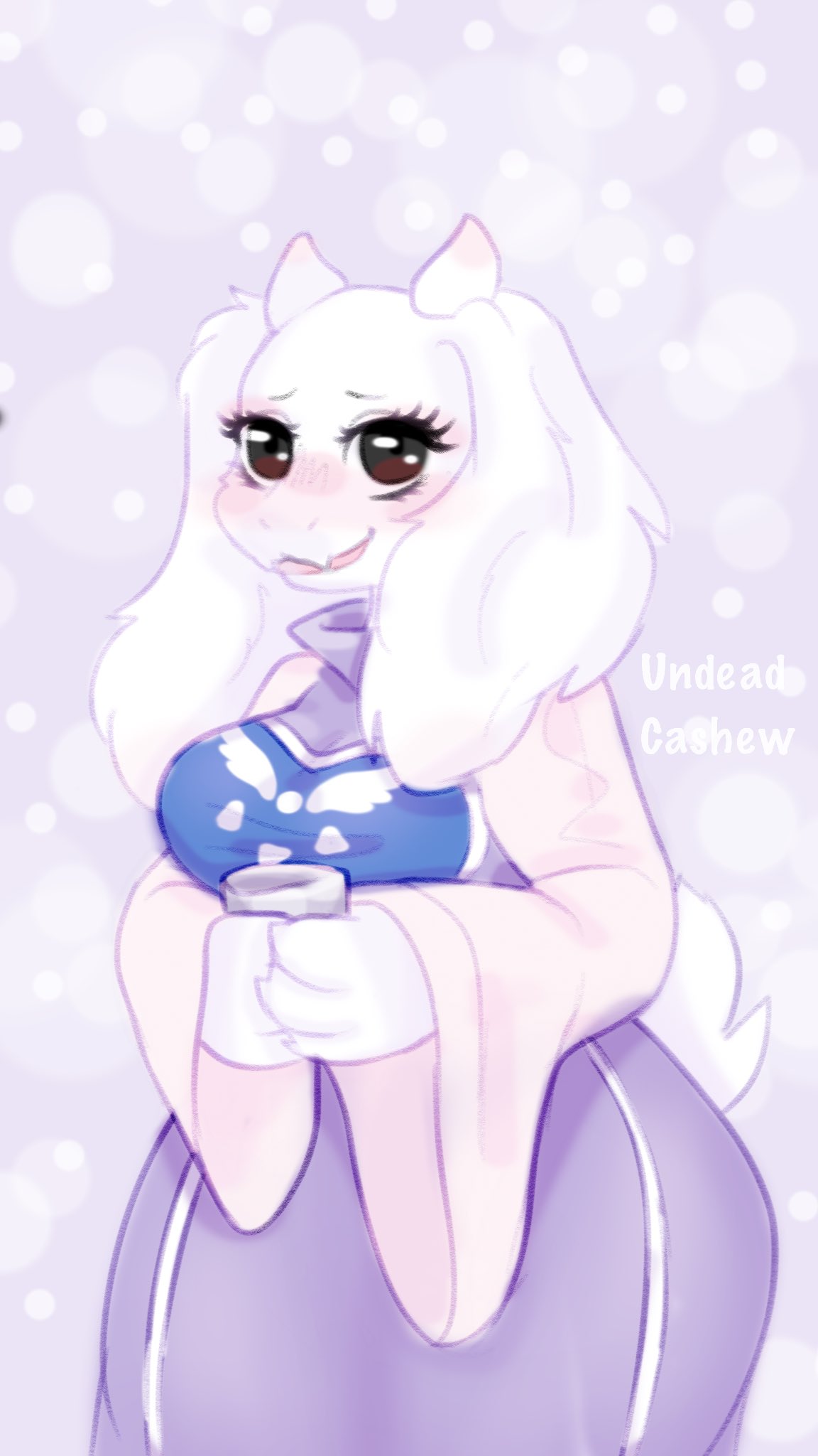 anthro big_ears blush boss_monster bovid brown_eyes caprine clothed clothing container cup dress eyelashes fangs female floppy_ears fur goat hi_res holding_cup holding_object horn lop_ears mammal open_mouth pattern_background purple_background purple_clothing purple_dress simple_background solo toriel undead_cashew undertale undertale_(series) video_games white_body white_fur