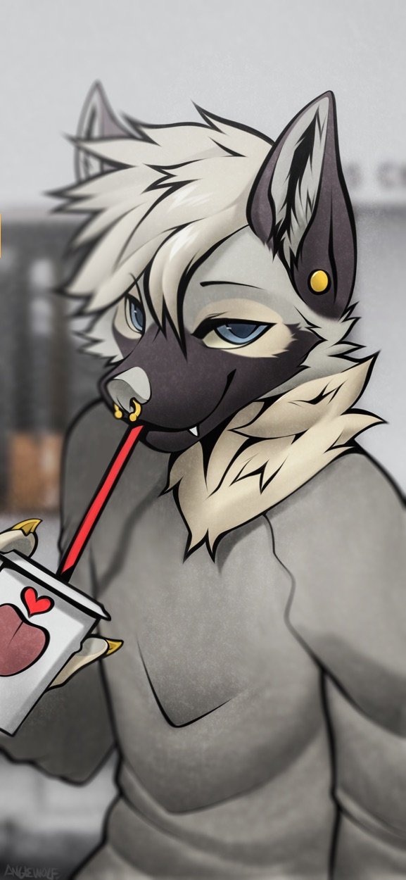 2022 angiewolf anthro beverage blue_eyes blurred_background clothing container cup ear_piercing facial_piercing fur hi_res inner_ear_fluff male mammal nose_piercing piercing solo straw topwear tuft