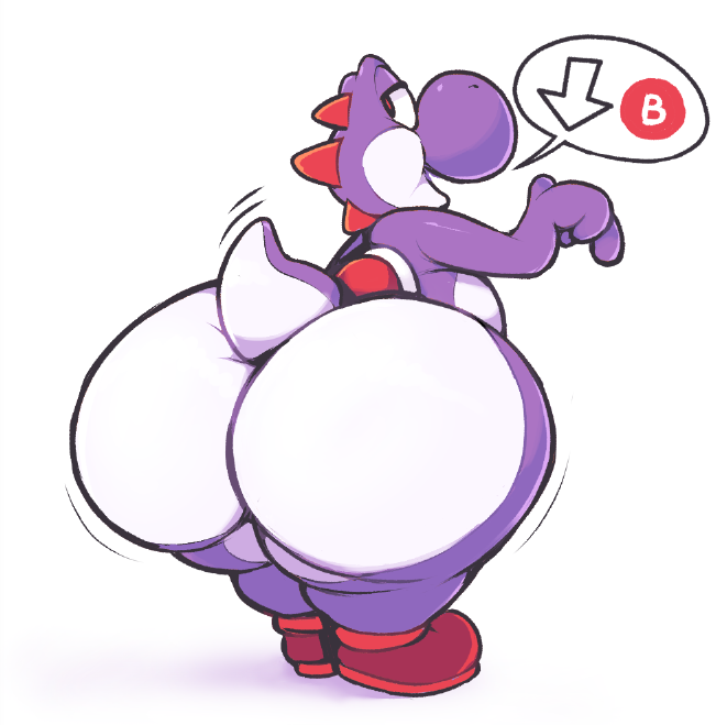 2018 ambiguous_gender big_butt boot_(artist) butt button_prompt digital_media_(artwork) dinosaur dragon huge_butt looking_back mario_bros nintendo nude open_mouth purple_yoshi reptile scalie simple_background slightly_chubby smile solo thick_thighs video_games white_background yoshi