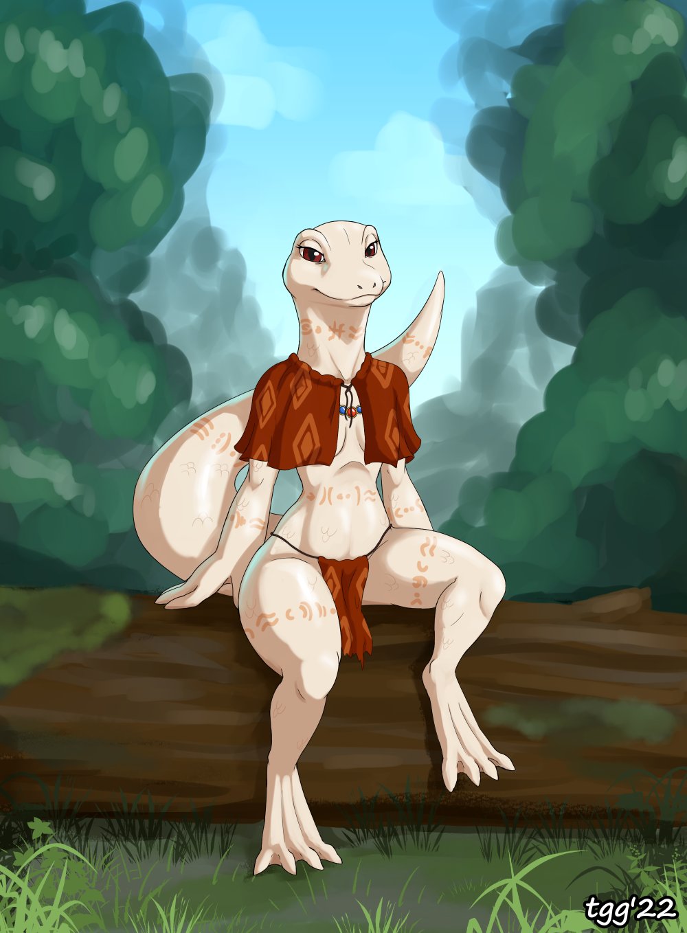 2022 4_toes albino anthro arm_markings bead_necklace belly belly_markings big_tail biped blue_sky bottomwear breasts capelet cel_shading clothed clothing crusch_lulu dated day detailed_background digital_drawing_(artwork) digital_media_(artwork) digitigrade eyelashes feet female front_view grass hi_res jewelry leg_markings lizard lizardman_(overlord) log loincloth long_neck long_tail looking_at_viewer markings neck_markings necklace non-mammal_breasts orange_bottomwear orange_cape orange_clothing orange_loincloth orange_markings outside overlord_(series) pattern_bottomwear pattern_cape pattern_clothing pattern_loincloth plant pupils red_eyes reptile scalie shaded side_boob signature sitting sky slit_pupils small_breasts small_waist smile smiling_at_viewer snout solo tail_markings tggeko thick_tail thick_thighs thigh_markings toes tree tribal tribal_markings white_body wide_hips wood