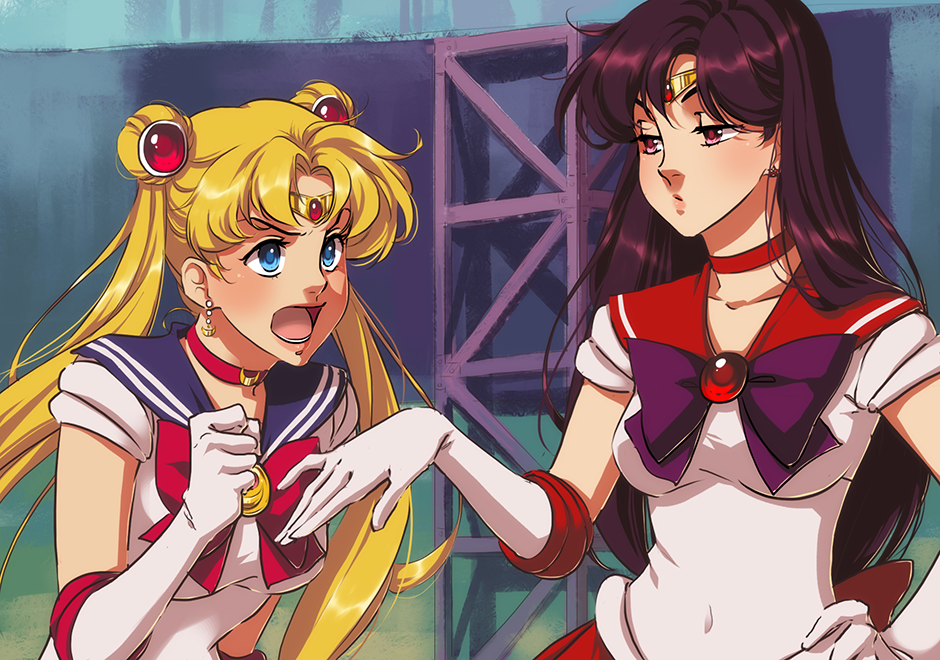 2girls :o bishoujo_senshi_sailor_moon blonde_hair blue_eyes bow breasts choker circlet derivative_work earrings eflunn_(emilylunn) gloves hand_on_hip jewelry magical_girl medium_breasts multiple_girls open_mouth purple_bow purple_hair red_bow red_choker sailor_mars sailor_moon school_uniform screencap_redraw serafuku short_sleeves upper_body white_gloves