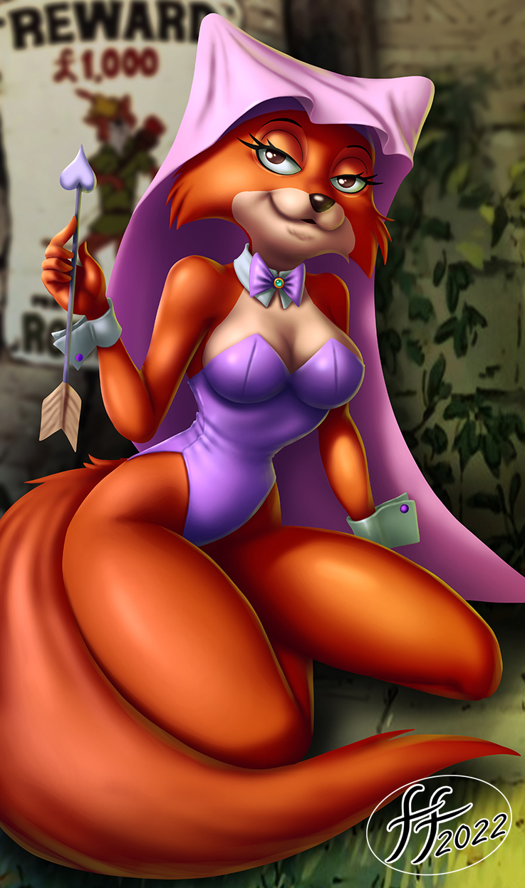 2022 anthro arrow_(weapon) bow_tie breasts brown_eyes canid canine cheek_tuft clothing disney facial_tuft female fernando_faria fox hi_res leotard looking_at_viewer maid_marian mammal outside ranged_weapon robin_hood_(disney) shirt_collar shirt_cuffs smile solo tuft wanted_poster weapon