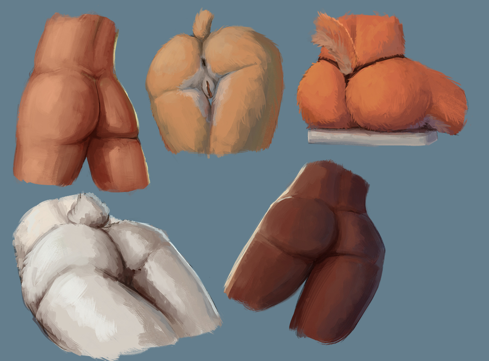 2018 anthro anus biped blue_background butt butt_shot clothed clothing dark_body dark_skin digital_media_(artwork) digital_painting_(artwork) female fluffy_fur foxovh fur genitals group human lagomorph leporid light_body light_skin mammal nude orange_body orange_fur panties pink_pussy pussy rabbit rear_view shaded simple_background underwear white_body white_fur yellow_body yellow_fur