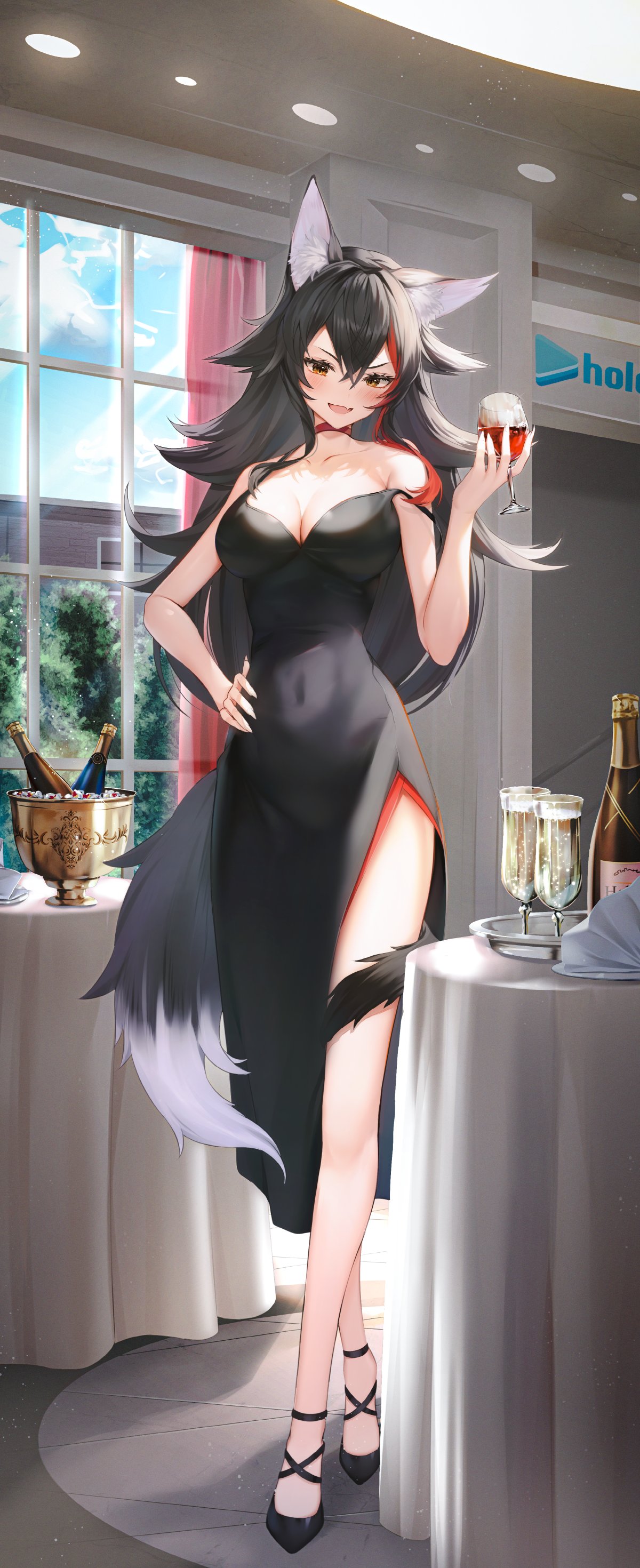 1girl absurdres alcohol animal_ear_fluff animal_ears bangs black_dress black_hair blush bottle breasts cleavage cup dress drinking_glass fang hair_between_eyes hair_ornament highres hololive ice large_breasts long_hair looking_at_viewer multicolored_hair ookami_mio open_mouth red_hair shuvi_(shuvi1125) skin_fang smile solo streaked_hair table tail tree virtual_youtuber window wine wine_bottle wine_glass wolf_ears wolf_girl wolf_tail yellow_eyes