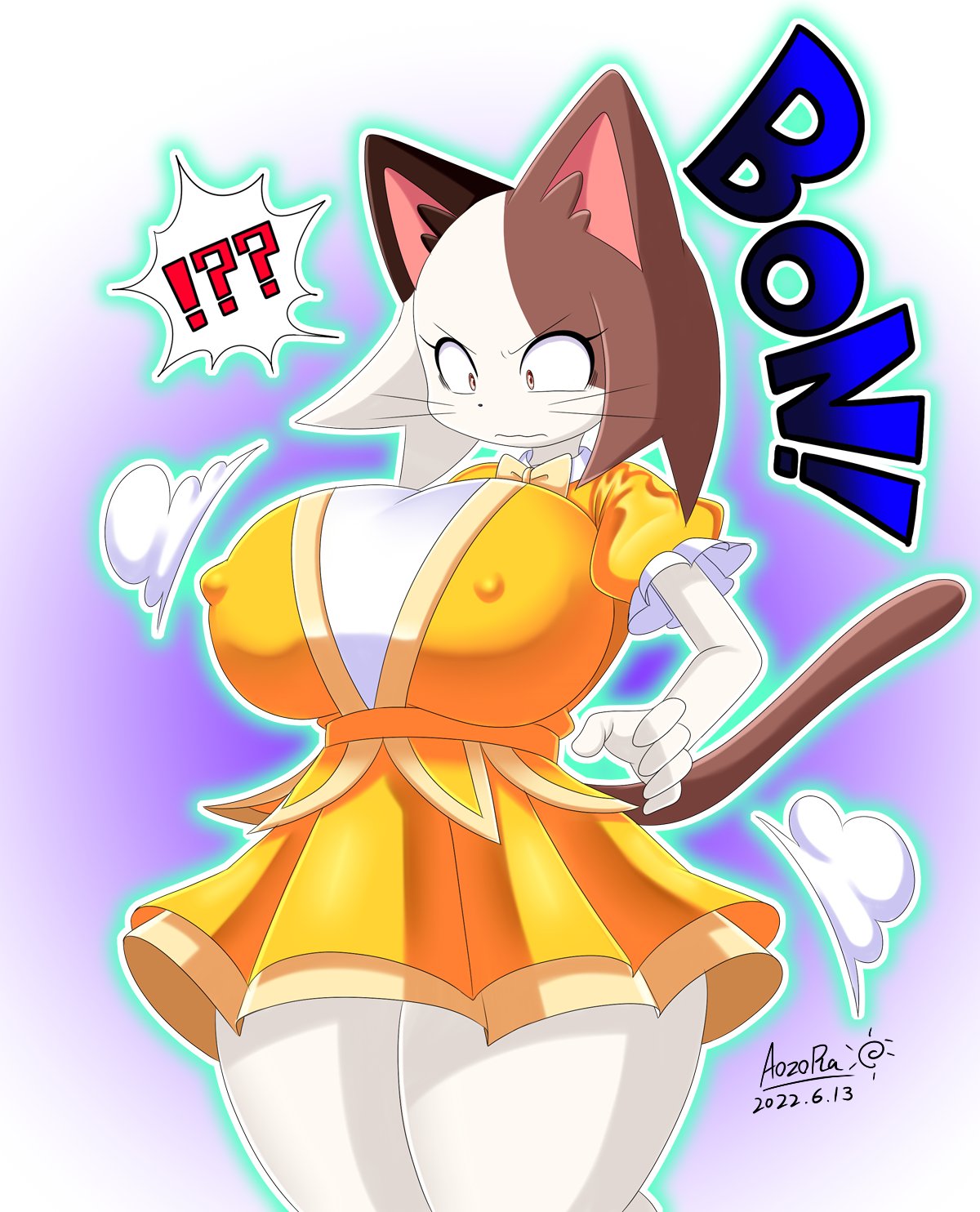 2022 ?! amber_eyes anthro aozora_(tasogare_aozora) big_breasts bow_tie breast_expansion breasts calico_cat clothed clothing constricted_pupils curvy_figure domestic_cat dress expansion felid feline felis female fur hair hi_res huge_breasts kemono looking_down mammal mottled nipple_outline odd_taxi piebald pupils shiho_ichimura_(odd_taxi) short_dress simple_background small_pupils smoke solo sound_effects surprise surprised_expression text thick_thighs thigh_expansion voluptuous whiskers white_body white_fur wide_hips