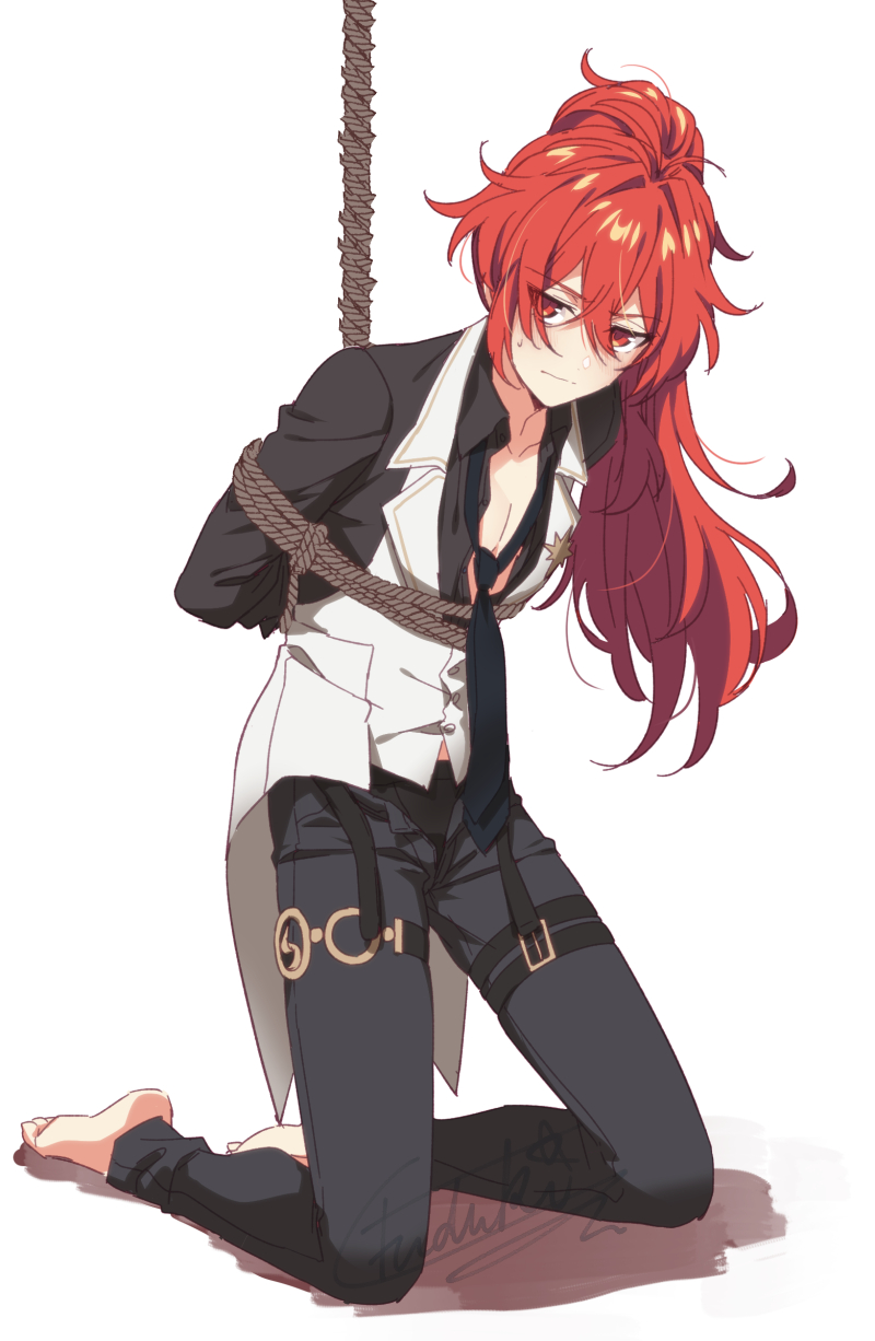 1boy barefoot bdsm black_shirt bondage bound brief closed_mouth diluc_(genshin_impact) genshin_impact highres long_hair long_sleeves male_focus male_underwear pants ponytail red_eyes red_hair rope shirt underwear very_long_hair vest white_background white_vest yuu_(mboj_fdk)