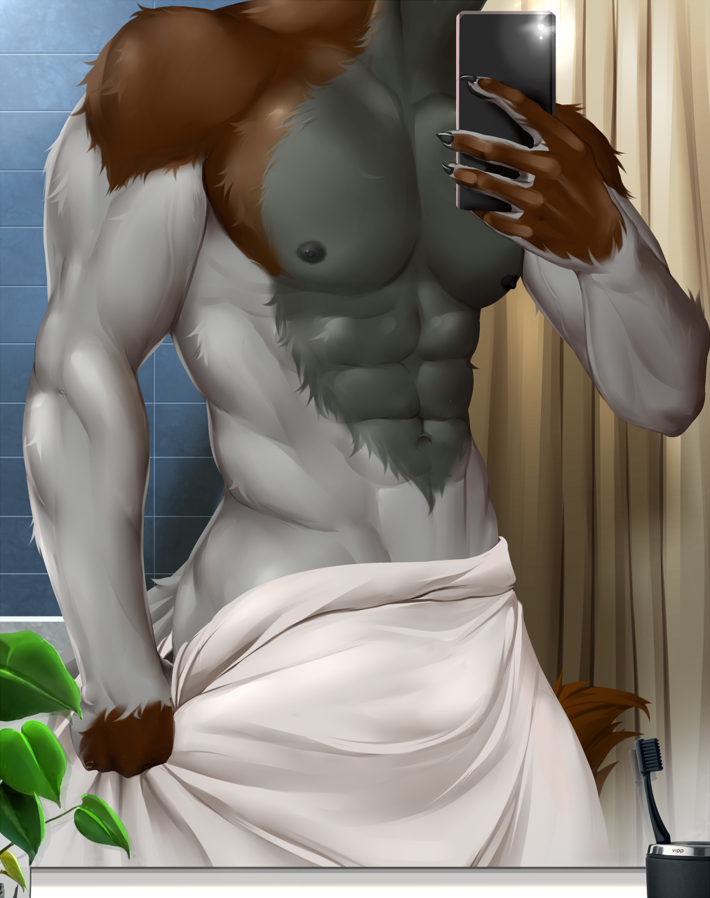 abs anthro arcori bathroom biceps black_claws black_nails black_nipples brown_body brown_fur brush canid canine canis claws colored_nails curtains dark_grey_fur deltoids forearm_muscles fur gloves_(marking) grey_body grey_fur hi_res holding_object holding_phone holding_towel male mammal markings mirror mirror_selfie muscular muscular_anthro muscular_male nails nipples pecs phone plant selfie solo solo_focus tipsycanvas toothbrush torso_shot towel towel_around_waist towel_only triceps v-cut wolf