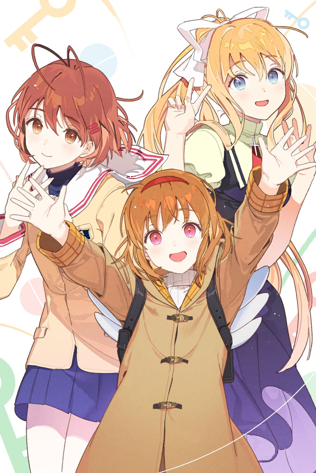 3girls :d air antenna_hair arms_up backpack bag black_bag blonde_hair blue_dress blue_skirt bow brown_coat brown_eyes brown_hair brown_jacket clannad closed_mouth coat commentary_request company_connection crossover dress fake_wings furukawa_nagisa hair_bow hair_ornament hairband hairclip high_ponytail highres hikarizaka_private_high_school_uniform jacket juliet_sleeves kamio_misuzu kanon key key_(company) koyoi_mitsuki long_hair long_sleeves multiple_crossover multiple_girls open_mouth puffy_sleeves red_hairband sailor_collar school_uniform shirt short_hair skirt sleeve_cuffs smile tsukimiya_ayu v white_bow white_sailor_collar white_wings wings yellow_shirt